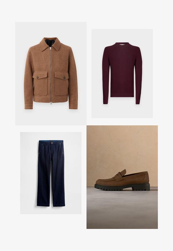 Brun uldblanding jakke med krave, frontlynlås og to påsatte lommer med knaplukninger. Enkel, struktureret design.; Vinrød strikket sweater med lange ærmer, ribbet struktur og rund halsudskæring. Lille logo på venstre bryst.; Mørkeblå denimbukser med lige snit, der har to forlommer, metalhardwaredetaljer og en glat finish.; Mørkebrune læderloafer med tyk sort gummisål vist over en beige tæppe- og sofa baggrund.