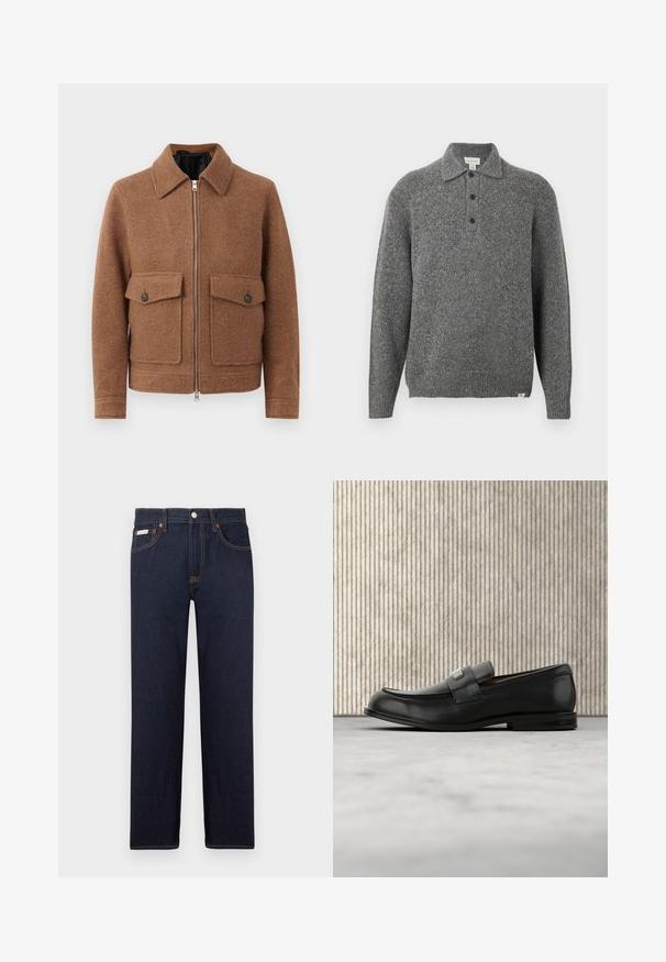 Bruine wollen blendjacket met een kraag, voorrits en twee opgestikte zakken met knoopsluitingen. Eenvoudig, textuurontwerp.; Grijze gebreide trui met een polokraag, knoopsluiting met vijf knopen, lange mouwen en geribbelde boorden; heeft een gestructureerde stof met subtiele kleurrijke vlekjes.; Donkerblauwe denim jeans met een rechte snit, een klassieke vijf-pocketontwerp en contrasterende oranje stiksels. Voorzien van een metalen knoopsluiting.; Zwarte leren loafer met een metalen merktekenplaatje, rustend bij een bruine ronde tafel op een beige tapijtvloer.