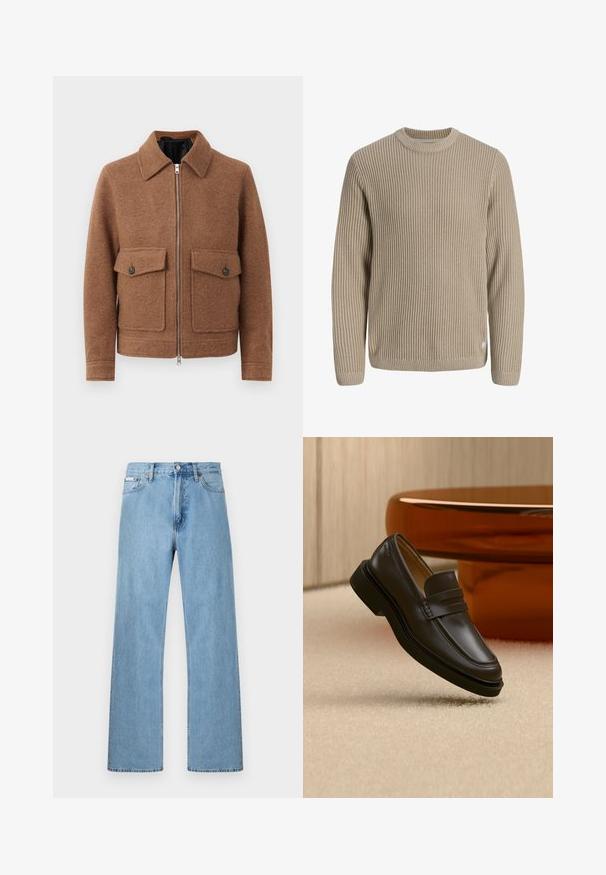 Brun uldblanding jakke med krave, frontlynlås og to påsatte lommer med knaplukninger. Enkel, struktureret design.; Beige ribstrikket sweater med lange ærmer og rund halsudskæring, vist mod en lys baggrund.; Lyseblå straight-leg jeans i denim med fem-lomme-design og knaplukning i taljen, vist mod en ensfarvet baggrund.; Sort læderloafer, der svæver over et beige tæppe med brunt afrundet møbel i baggrunden.