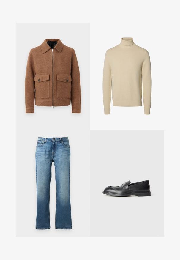 Bruine wollen blendjacket met een kraag, voorrits en twee opgestikte zakken met knoopsluitingen. Eenvoudig, textuurontwerp.; Beige gebreide coltrui met lange mouwen en geribde boordjes en zoom, getoond op een effen witte achtergrond.; Lichtblauwe denim jeans met een rechte broekspijp, voorzien van een vervaagd uiterlijk, vijf zakken en een knoopsluiting met metalen hardware.; Zwarte leren loafers met een gestructureerde afwerking, voorzien van een decoratieve voorstrik en een afgeronde neus. Rubberzool voor duurzaamheid.