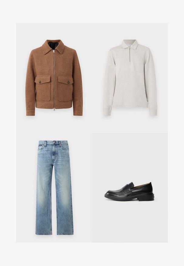 Braune Wollmischung Jacke mit einem Kragen, Frontreißverschluss und zwei aufgesetzten Taschen mit Knopfverschlüssen. Schlichtes, strukturiertes Design.; Hellgraues Langarm-Polo-Shirt mit einem halben Reißverschluss, kragenförmigem Design und cuffs, hergestellt aus einem weichen, strukturierten Stoff.; Hellblaue Jeans mit geradem Bein, hohem Bund, fünf Taschen, Knopfverschluss und dezentem Verblassen an Oberschenkeln und Knien.; Schwarze Leder-Pantoletten mit niedrigem Absatz und dezentem Calvin Klein-Logo an der Seite, im Profil vor einem weißen Hintergrund dargestellt.