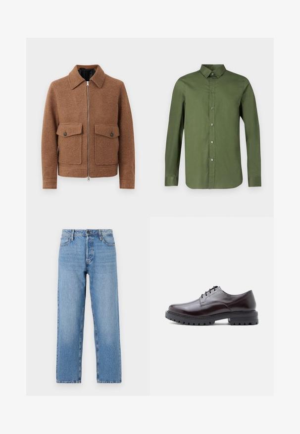 Chaqueta de mezcla de lana marrón con cuello, cremallera frontal y dos bolsillos de parche con cierres de botón. Diseño simple y texturizado.; Camisa de manga larga en verde oliva, confeccionada en tela suave, con cierre de botones en el frente y cuello puntiagudo con botones a juego.; Jeans de denim azul claro con un diseño de pierna recta, que cuentan con un cierre de botón y cremallera, estilo de cinco bolsillos y un ligero desvanecimiento.; Zapato de cuero burdeos oscuro brillante con punta redondeada, diseño de cordones y suela negra resistente con tacos prominentes para mayor tracción.