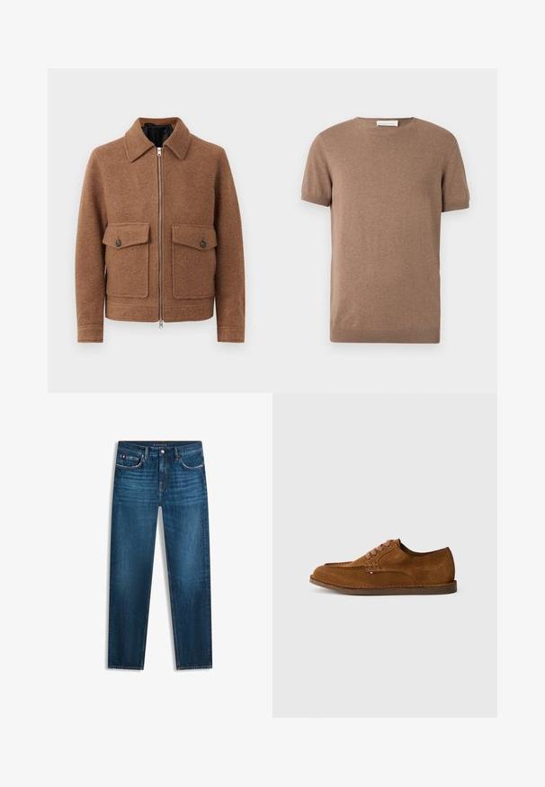 Braune Wollmischung Jacke mit einem Kragen, Frontreißverschluss und zwei aufgesetzten Taschen mit Knopfverschlüssen. Schlichtes, strukturiertes Design.; Brauner Strickpullover mit kurzen Ärmeln, gerippten Bündchen und Rundhalsausschnitt, auf weißem Hintergrund präsentiert.; Dunkelblaue Jeans mit geradem Bein, Vordertaschen, Knopf- und Reißverschluss sowie dezentem Verblassen im Oberschenkelbereich.; Brauner Wildleder-Schuh mit abgerundeter Spitze, dekorativen Nähten und sechs kontrastierenden Schnürlöchern. Flache Sohle und minimalistisches Design.