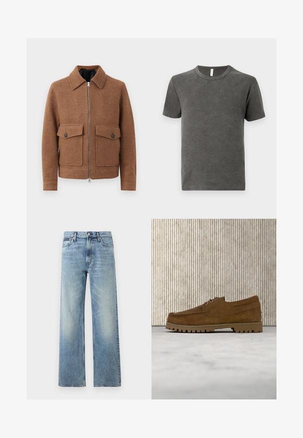 Bruine wollen blendjacket met een kraag, voorrits en twee opgestikte zakken met knoopsluitingen. Eenvoudig, textuurontwerp.; Grijze ronde hals T-shirt gemaakt van zachte stof, met korte mouwen en een rechte zoom. Soepele textuur zonder zichtbare patronen of accenten.; Lichtblauwe denim jeans met rechte pijpen, een hoge taille, vijf zakken, knoopsluiting en subtiele vervaging op de dijen en knieën.; Bruine suède veterschoen met dikke geribbelde zool, zwevend boven een beige tapijt, met een bruine ovaalvormige tafel op de achtergrond.