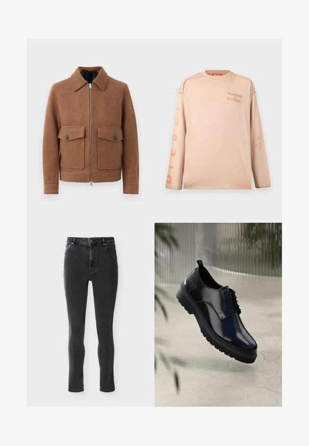 Bruine wollen blendjacket met een kraag, voorrits en twee opgestikte zakken met knoopsluitingen. Eenvoudig, textuurontwerp.; Beige shirt met lange mouwen en ronde hals, met vervaagde oranje tekst "PROPERTY OF DIESEL" op de borst en mouwen, zichtbare naden op de schouders.; Zwarte high-waist skinny jeans met voor- en achterzakken, knoop- en ritssluiting, tentoongesteld op een vlakke ondergrond.; Zwarte leren schoen met een glanzende afwerking, ronde neus, vetersluiting, contrasterende stiksels en een dikke rubberen zool met profielpatronen.