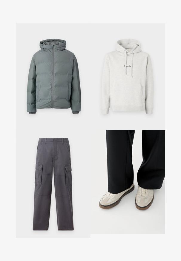 Veste d'hiver matelassée grise avec capuche, fermeture éclair à l'avant et poches latérales, conçue pour temps froid.; Hoodie gris clair avec une poche kangourou, capuche avec cordon de serrage et texte brodé en noir sur le devant. Tissu en mélange de coton, poignets côtelés.; Hollister Co. SKATER BAGGY - Pantalon cargo - grey; Pieds portant des baskets beige avec des semelles marron et un pantalon noir à jambes larges sur fond blanc.