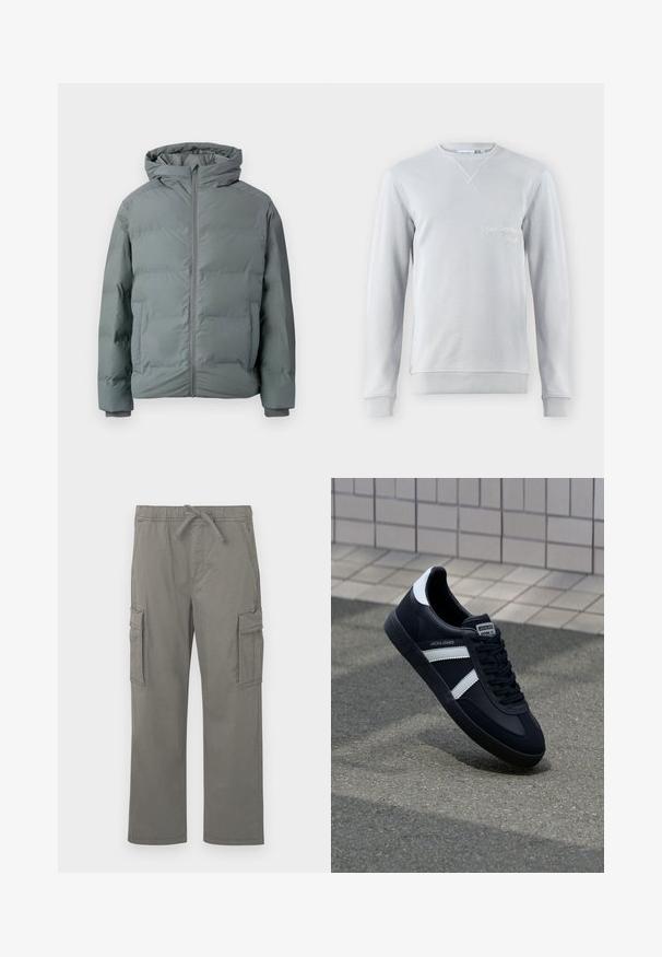 Veste d'hiver matelassée grise avec capuche, fermeture éclair à l'avant et poches latérales, conçue pour temps froid.; Sweat-shirt gris clair, en mélange de coton, col rond, détails côtelés au col et aux poignets, présente un texte brodé "SAN BERNARD CALIF." à l'avant.; Pantalons cargo droit gris avec taille élastique, cordon de serrage, poches latérales à rabat et poches frontales fendu, présentés sur fond blanc.; Sneaker en cuir noir avec des rayures blanches, semelle en caoutchouc texturée et devant à lacets. Présente une étiquette de marque sur la languette.