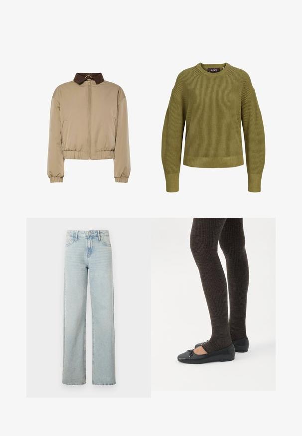 Veste légère beige avec col en velours côtelé marron, fermeture éclair à l'avant, manches élastiques et taille froncée, présentée sur un fond blanc.; Pull vert en maille à manches longues avec poignets et ourlet côtelés, et col rond.; Jeans haute taille en denim délavé, avec une coupe droite. Dotés d'un design classique à cinq poches et d'un léger effet dégradé.; Jambes portant des leggings côtelés foncés associés à des ballerines noires avec de petits détails en nœud sur fond blanc.
