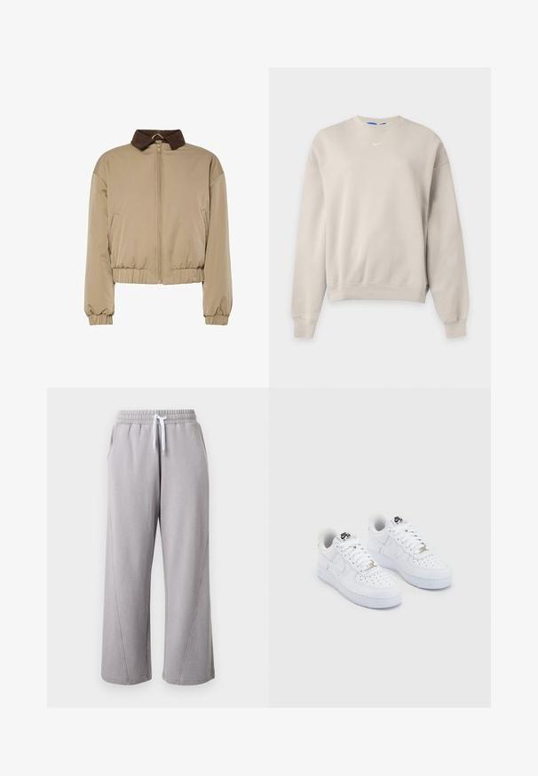Beige letvægtsjakke med brun fløjlskrage, frontlynlås, elastiske manchetter og samlet talje, præsenteret på en hvid baggrund.; Lysebeige Nike crewneck sweatshirt med lange ærmer, ribstrikkede manchetter og kant samt et lille hvidt Nike swoosh-logo på brystet.; Lysegrå vidde sweatpants med elastik i taljen og hvid snor, med sidelommer og sømdetaljer langs benene.; Hvide Nike Air Force 1 sneakers med en glat læderoverdel, perforeret tåboks, hvide snørebånd og sort branding på tungen.