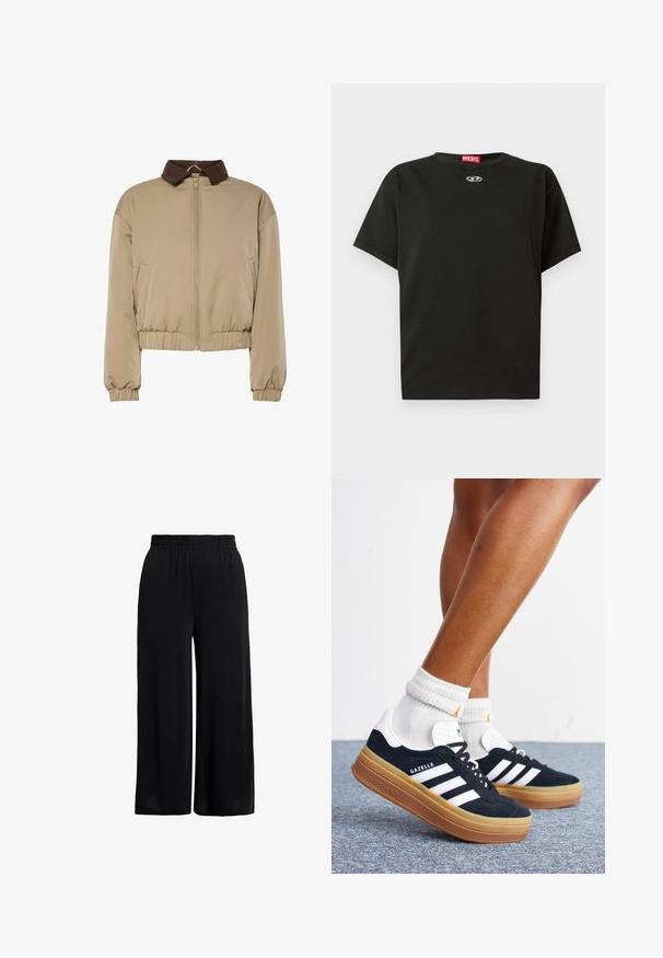 Beige letvægtsjakke med brun fløjlskrage, frontlynlås, elastiske manchetter og samlet talje, præsenteret på en hvid baggrund.; Sort bomuld t-shirt med korte ærmer, rund hals og et lille cirkulært logo foran. Enkelt design med glat tekstur.; Sorte bukser med vide ben og elastik i taljen, lavet af let stof for en afslappet pasform.; Ben iført hvide sokker og sorte Adidas Gazelle sneakers med hvide striber og tykke brune såler på et gråt tæppe.