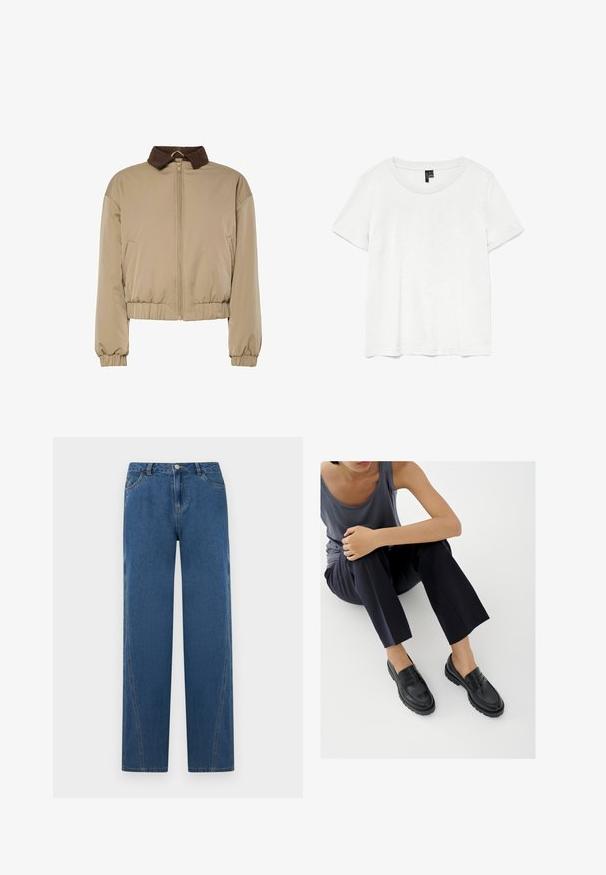 Veste légère beige avec col en velours côtelé marron, fermeture éclair à l'avant, manches élastiques et taille froncée, présentée sur un fond blanc.; T-shirt blanc à manches courtes avec un col rond, fabriqué en tissu léger. Design simple, texture lisse et ourlet droit.; Jeans en denim bleu avec une coupe droite, comportant cinq poches, une fermeture à bouton à l'avant et des accents de couture le long des coutures.; Mocassins en cuir noir avec accents texturés, talon bas, bout arrondi, et coutures visibles. Modèle portant un pantalon sombre et un haut gris.