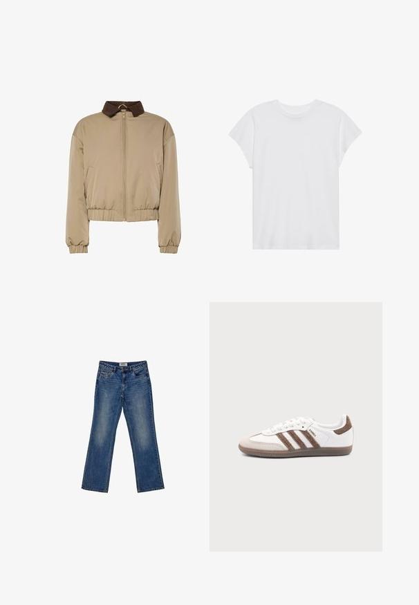 Beige letvægtsjakke med brun fløjlskrage, frontlynlås, elastiske manchetter og samlet talje, præsenteret på en hvid baggrund.; Hvid kortærmet t-shirt med rund hals, afslappet pasform, lavet af blødt bomuldsstof. Glat tekstur, ingen mønstre eller logoer.; Fadede blå denim bukser med lige ben-design, fem lommer og subtile slidmærker foran. Øverste knap- og lynlåslukning.; Hvid Adidas Samba sneaker med brune ruskindstriber, brun gummisål og beige ruskindståhætte, vist fra ydersiden på en ensfarvet baggrund.