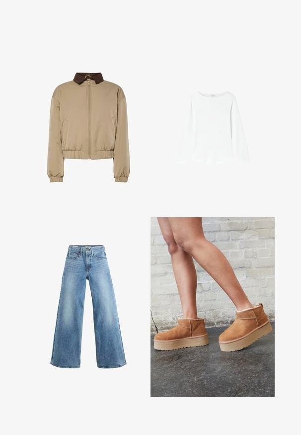 Beige letvægtsjakke med brun fløjlskrage, frontlynlås, elastiske manchetter og samlet talje, præsenteret på en hvid baggrund.; Plain hvid langærmet crewneck skjorte med tætsiddende pasform og uden synlige mønstre eller logoer, vist på en hvid baggrund.; Levi's® 728 HR WIDE LEG HEADWINDS AHEAD. - Wide leg - headwinds ahead; Brune ruskinds ankelsko med en blød foring, tyk beige plattformsål og en bageste løkke. Tekstureret overflade med synlige sømdetaljer.