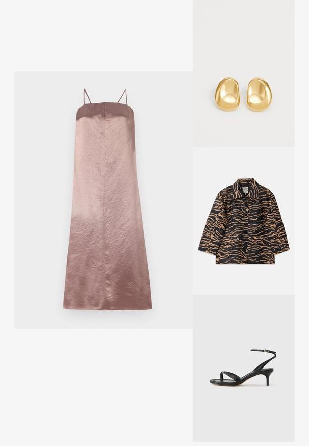 Tiger-mønstret frakke i sort og beige stof med krave, knaplukning foran og to forlommer.; Satin midi kjole i gradient nuancer af rose, med tynde stropper og en glat, let krøllet tekstur samt en lige silhuet.; Sort damesandal i læder med tynde remme, en tå-loop, ankelspænde og en mellemhøj stiletthæl på en neutral baggrund.; Guldfarvede stud øreringe med en glat, rund form og en reflekterende overflade, der fremhæver et minimalistisk design uden synlige mønstre.