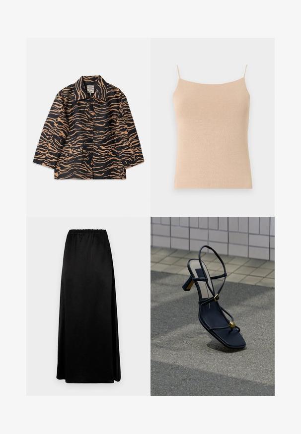 Tiger-mønstret frakke i sort og beige stof med krave, knaplukning foran og to forlommer.; Beige strik camisole med tynde stropper, med en tætsiddende pasform og tekstureret stof, ideel til lag-på-lag styling eller afslappet brug.; Lang sort nederdel med en glat, krøllet tekstur og en elastisk talje. Har en sideslids for nem bevægelse og en strømlinet silhuet.; Sort hællet sandal med stropper, firkantet tå, guldfarvet spænde og guldkugledekoration på tåstroppen, placeret på asfalt nær flisebelagt væg.