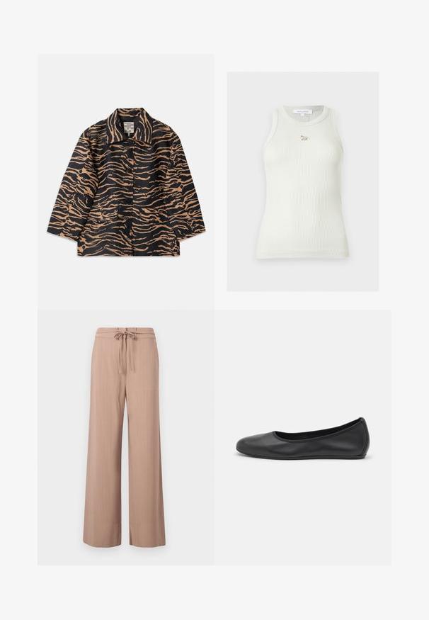 Tiger-mønstret frakke i sort og beige stof med krave, knaplukning foran og to forlommer.; Hvid ribstrikket ærmeløs top med rund halsudskæring og lille sølvfarvet ræv-emblem centreret under kraven.; Lystebrune, vide benbukser med et stribet mønster, bindebælte i taljen og en glat stofstruktur. Har en ren, skræddersyet silhuet.; Sort læderballetsko med rund tå, glat tekstur, minimal syning og et fleksibelt såldesign.