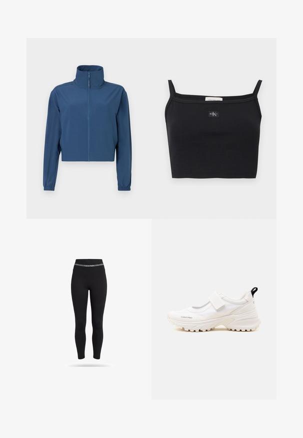 Blå kort jacket lavet af glat materiale, med høj krave og fuld lynlås. Lange ærmer med elastiske manchetter. Simpelt design.; Sort ribstrikket cropped top med tynde stropper og et lille Calvin Klein-logoapplikation midt på brystet.; Sorte atletiske leggings med høj talje og en grå linning med Calvin Klein-logo foran.; Hvid Calvin Klein sportssko med tyk sål og velcrolukning, lavt design og sort trækskive ved hælen.