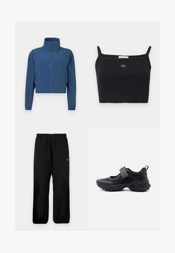 Blå kort jacket lavet af glat materiale, med høj krave og fuld lynlås. Lange ærmer med elastiske manchetter. Simpelt design.; Sort ribstrikket cropped top med tynde stropper og et lille Calvin Klein-logoapplikation midt på brystet.; Sorte sweatpants med elastisk talje, løse ben og en lille logo detalje på venstre side. Glat stof tekstur.; Sort atletiksko med robust sål, justerbar rem over toppen og trække-øje ved hælen, vist i sideprofil mod hvid baggrund.