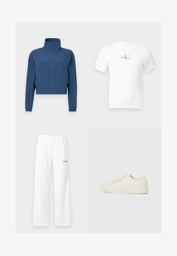 Blauwe cropped jas van gladde stof, met een hoge kraag en een volledige rits. Lange mouwen met elastische boorden. Eenvoudig ontwerp.; Witte T-shirt met korte mouwen en ronde hals, met een klein centraal geplaatst "CK Calvin Klein Jeans" logo in zwart en grijs op de borst.; Witte joggingbroek met elastische tailleband en Calvin Klein-logo op de bovenste linker dij, weergegeven op een neutrale achtergrond.; Sneakers van off-white canvas, met een laag ontwerp, ronde neus en platte rubberen zool met subtiele stiksels.