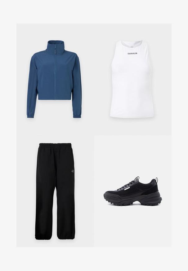 Blauwe cropped jas van gladde stof, met een hoge kraag en een volledige rits. Lange mouwen met elastische boorden. Eenvoudig ontwerp.; Witte mouwloze Calvin Klein sporttop met hoge halslijn en subtiel gestructureerde stof.; Zwarte sweatpants met een elastische tailleband, losse pijpen en een klein logodetail aan de linkerzijde. Gladde stoftextuur.; Zwarte sportschoen met een bovenwerk van mesh, dikke zool, veters en een klein Calvin Klein-logo op de zijkant en bij de tenen.