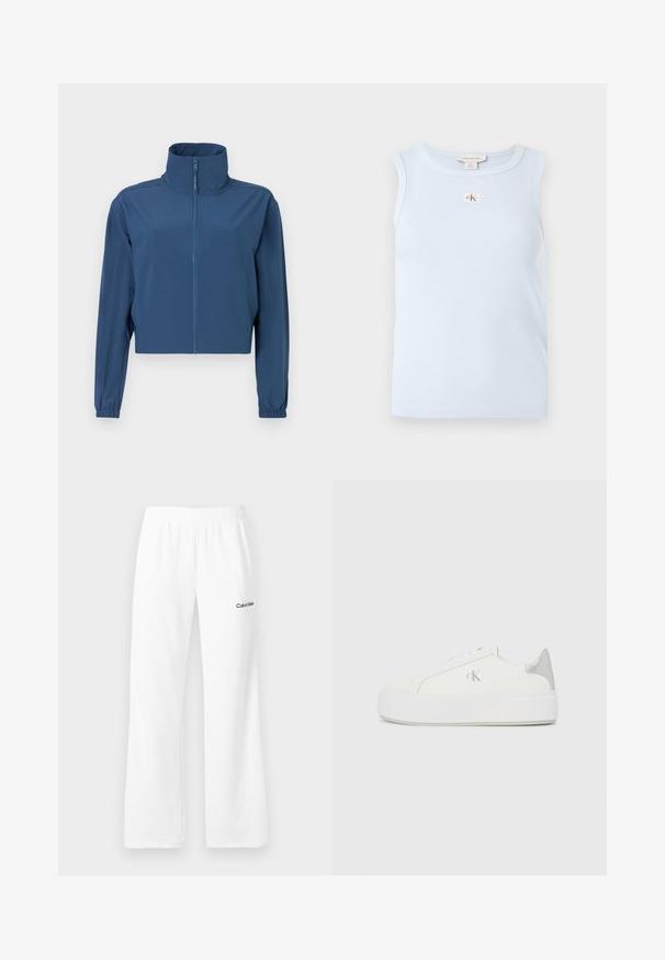 Blå kort jacket lavet af glat materiale, med høj krave og fuld lynlås. Lange ærmer med elastiske manchetter. Simpelt design.; Lyseblå ærmeløs top i ribstrikket stof med rund halsudskæring og et lille CK-logo på forsiden.; Hvide joggingbukser med elastisk taljebånd og Calvin Klein-logo på den øverste venstre lår, vist på en neutral baggrund.; Hvide lærredssneakers med en tyk hvid sål, prydet med en metallic sølvaccent på hælen og en diskret logo-detalje på siden.