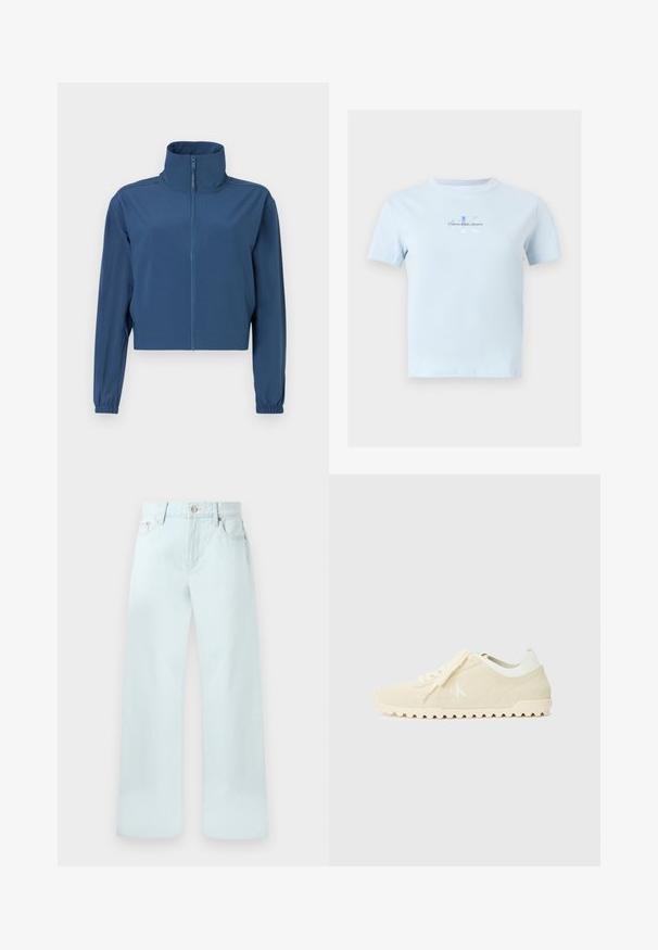 Blå kort jacket lavet af glat materiale, med høj krave og fuld lynlås. Lange ærmer med elastiske manchetter. Simpelt design.; Lyseblå T-shirt med korte ærmer og rund hals, med lille Calvin Klein Jeans-logo i blåt tekst centreret på brystet.; Lyseblå højtaljede vidde-jeans med frontknap, lynlåslukning, bæltestropper og forlommer mod en ensfarvet baggrund.; Beige ruskinds sneakers med hvide detaljer, tekstureret sål og et logo på siden. Har flade snørebånd og et klassisk, lavprofileret design.