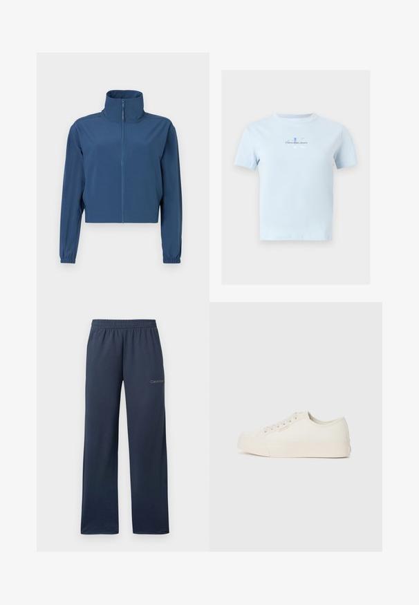 Blauwe cropped jas van gladde stof, met een hoge kraag en een volledige rits. Lange mouwen met elastische boorden. Eenvoudig ontwerp.; Lichtblauw T-shirt met korte mouwen en ronde hals, met een klein Calvin Klein Jeans-logo in blauwe tekst in het midden van de borst.; Marineblauwe wijde trainingsbroek met elastische tailleband en klein Calvin Klein-logo op de bovenkant van de linkerdij.; Sneakers van off-white canvas, met een laag ontwerp, ronde neus en platte rubberen zool met subtiele stiksels.