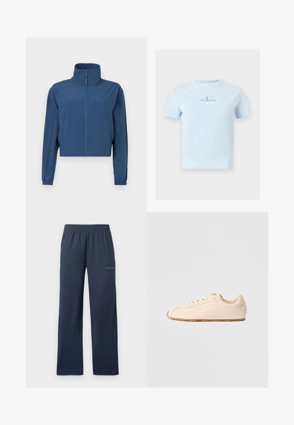Blå kort jacket lavet af glat materiale, med høj krave og fuld lynlås. Lange ærmer med elastiske manchetter. Simpelt design.; Lyseblå T-shirt med korte ærmer og rund hals, med lille Calvin Klein Jeans-logo i blåt tekst centreret på brystet.; Navyblå vidbenede sweatpants med elastisk talje og lille Calvin Klein-logo på øverste venstre lår.; Beige sneakers lavet af glat læder med en rund tå, flad gummisål og minimalistisk design med diskret syninger og perforeringer.