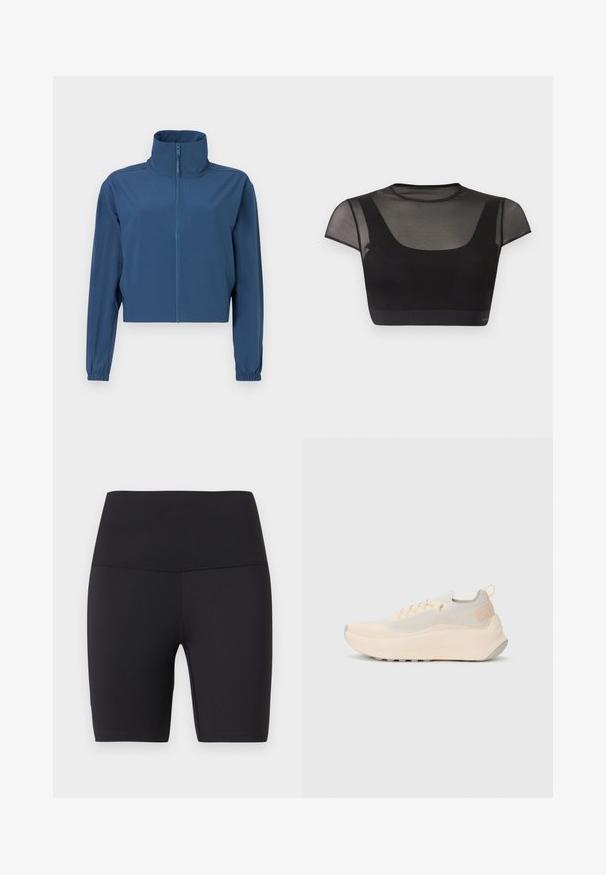 Blå kort jacket lavet af glat materiale, med høj krave og fuld lynlås. Lange ærmer med elastiske manchetter. Simpelt design.; Sort crop top med gennemsigtige korte ærmer og øvre bryst, med rund halsudskæring og tætsiddende, solid sort krop.; Sorte cykelshorts med høj talje, flade syninger og længde til midt på låret, designet til atletisk eller afslappet brug.; Lavprofil, lysebrun atletiksko med strikket overdel, tyk polstret sål, snørebåndslukning og trækstrop ved hælen, vist i sidevisning.