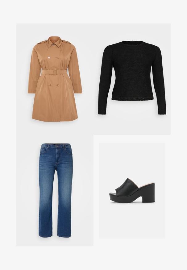 Tan trenchcoat met een dubbele rij knopen, schouderepauletten, een ceintuur in de taille en zijzakken. Glad, waterafstotend materiaal.; Zwart gebreid sweater met lange mouwen, ronde halslijn en gestructureerd patroon. De zoom is iets langer aan de achterkant, wat zorgt voor een losse pasvorm.; Donkerblauwe denim jeans met een recht model, vijf zakken en een knoop- en ritssluiting. Gladde textuur met minimale vervaging.; Zwarte leren open teen muiltjes met een brede voorkant en een stevige, hoge plateauhak met een gladde textuur. Zijaanzicht weergegeven.