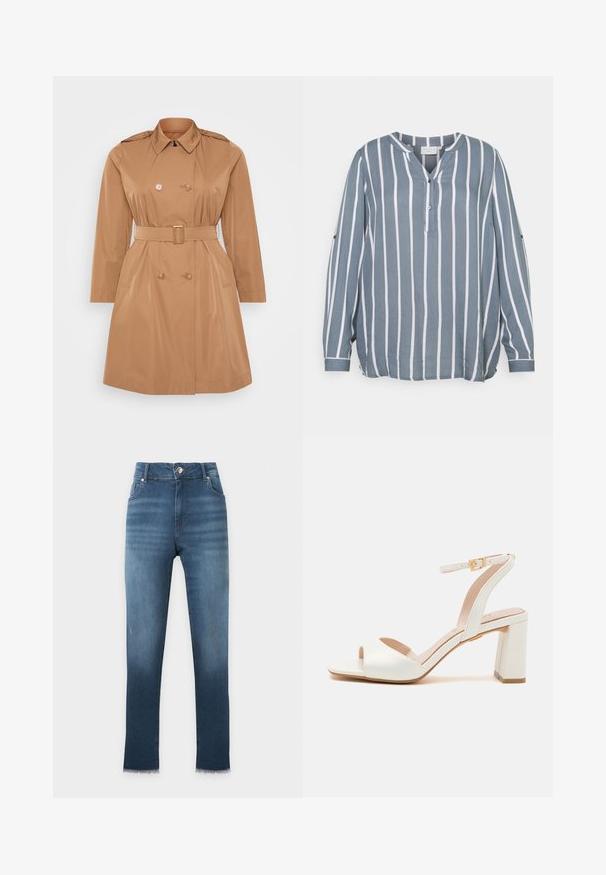 Tan trenchcoat met een dubbele rij knopen, schouderepauletten, een ceintuur in de taille en zijzakken. Glad, waterafstotend materiaal.; Blauwe en witte gestreepte blouse met lange mouwen, een V-hals, knoopsluiting en een losse pasvorm, gemaakt van lichtgewicht stof met een gladde textuur.; Blauwe skinny jeans met hoge taille en vervaagde wassing, voorzakken, knoopsluiting en rafelige zoom op een witte achtergrond.; Witte open-toe hoge hak sandaal met enkelriem en gouden gesp, blokhak en gladleren afwerking op een neutrale achtergrond.