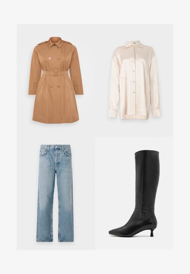 Tan trenchcoat med dobbelt frontlukning, skulderklapper, bælte i taljen og sidelommer. Glat, vandafvisende materiale.; AERON ABIGAIL SHIRT - Skjortebluser - silver; Lyseblå denimjeans med høj talje, bred benudskæring og fem lomme-design. Har en knaplukning og subtil falmning.; Zign Høje støvler/ Støvler - black