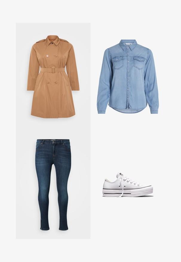 Tan trenchcoat med dobbelt frontlukning, skulderklapper, bælte i taljen og sidelommer. Glat, vandafvisende materiale.; Lyseblå denimskjorte med lange ærmer, knaplukning foran, to brystlommer og en afrundet kant. Har en klassisk krave og subtil syning.; Mørkeblå skinny jeans med frontknap, lynlås, fem lommer og let falmning på lår og knæ mod en hvid baggrund.; Lavtop hvid lærredsneaker med hvide snørebånd, gummisål, sorte stribedetaljer og logo-patch på tungen og hælen.
