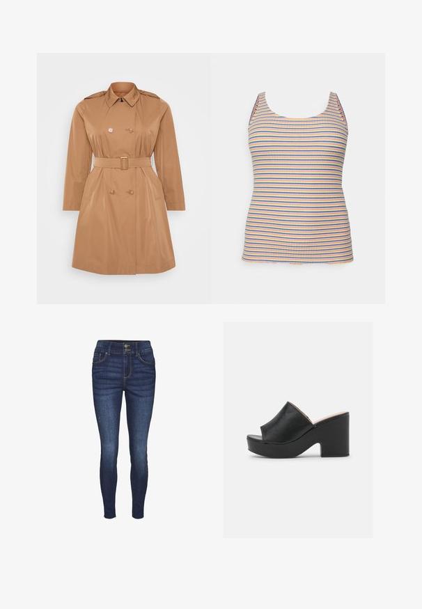 Tan trenchcoat med dobbelt frontlukning, skulderklapper, bælte i taljen og sidelommer. Glat, vandafvisende materiale.; ONLY Carmakoma CAROFELIA - Top - cashmere blue; Smal jeans i mørkeblå denim med høj talje, to forlommer, to baglommer og lukning med knap. Glat tekstur med let falmet effekt.; Sorte læder open-toe mules har et bredt forreste strop og en chunky, høj platformhæl med en glat tekstur. Vist fra siden.