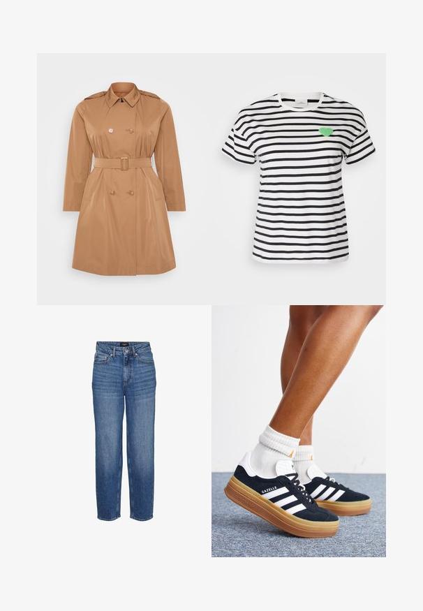 Tan trenchcoat med dobbelt frontlukning, skulderklapper, bælte i taljen og sidelommer. Glat, vandafvisende materiale.; Kortærmet T-shirt med rund hals i sort og hvidstribet, med et grønt fuzzy hjertepatch på venstre brystområde.; Blå high-waist denimjeans med lige ben, der har fem lommer og diskret falmet effekt. Materialet er robust denim med en glat tekstur.; Ben iført hvide sokker og sorte Adidas Gazelle sneakers med hvide striber og tykke brune såler på et gråt tæppe.