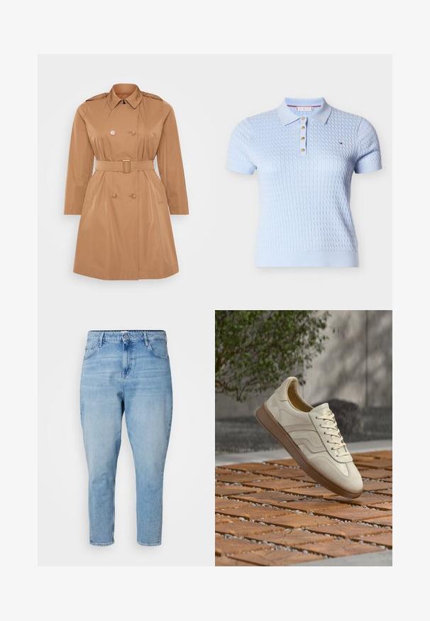 Tan trenchcoat med dobbelt frontlukning, skulderklapper, bælte i taljen og sidelommer. Glat, vandafvisende materiale.; Lyseblå strikket poloshirt med korte ærmer, ribbet krave og tre gyldne knapper. Har en tekstureret overflade og detaljer med brandlogo.; Lyseblå denim jeans med lige pasform, mellemhøj talje, fem lommer og let indsnørede ben. Blød, glat tekstur.; Sneakers i cremefarve med en struktureret beige gummisål, snøredesign og diskret brand på siden. Overdel i glat læder.