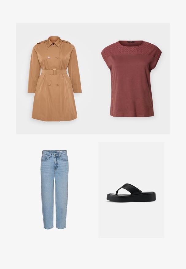 Tan trenchcoat met een dubbele rij knopen, schouderepauletten, een ceintuur in de taille en zijzakken. Glad, waterafstotend materiaal.; Kort mouwen mauve top met geborduurde bloemige kanten details over de bovenborst en schouders, ronde hals, losse pasvorm.; Lichtblauwe spijkerbroek met een hoge taille, een ontspannen pasvorm en rechte pijpen. Voorzien van een knoopsluiting en lichte vervaging over de stof.; Zwarte platformsandaal met brede leren band en gevoerde zool, zijaanzicht op een effen lichte achtergrond.