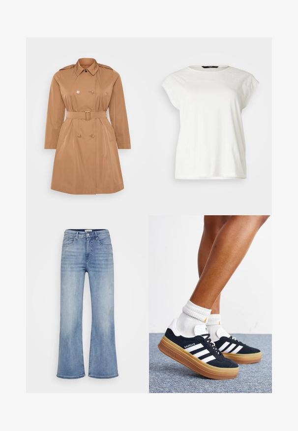 Tan trenchcoat med dobbelt frontlukning, skulderklapper, bælte i taljen og sidelommer. Glat, vandafvisende materiale.; Hvid kortærmet t-shirt med tekstureret blondeindsats, rund halsudskæring og en afslappet pasform. Blødt bomuldsstof med fin detaljer på skuldrene.; ONLY Carmakoma CAREMMY WIDE - Jeans Relaxed Fit - light blue denim; Ben iført hvide sokker og sorte Adidas Gazelle sneakers med hvide striber og tykke brune såler på et gråt tæppe.