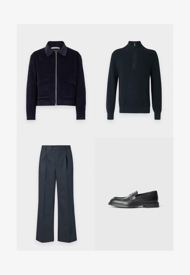Chaqueta de pana de color marino con cierre de cremallera, cuello clásico, dos bolsillos frontales y un diseño corto. Tejido texturizado con costillas anchas.; Suéter de canalé azul marino oscuro con cuello mao con cremallera y mangas largas. Cuenta con puños y dobladillo ajustados para un ajuste ceñido.; Pantalones de pierna ancha a rayas marinas con pliegues frontales, cierre de un botón y tela suave. Presentan rayas verticales verdes como detalle.; Mocasines de cuero negro con acabado texturizado, que cuentan con una correa decorativa en la parte delantera y punta redondeada. Suela de goma para mayor durabilidad.