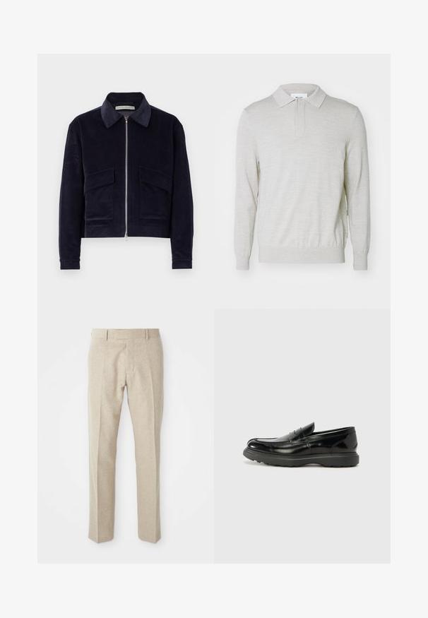 Marineblaue Cordjacke mit Reißverschluss, klassischem Kragen, zwei Fronttaschen und cropped Design. Texturiertes Gewebe mit breiten Rippungen.; NN.07 EMERSON - Poloshirt - white pepper; Beige maßgeschneiderte Hosen aus strukturiertem Stoff, mit flacher Vorderseite, geraden Beinen und einem klassischen Bund mit Gürtelschlaufen.; Schwarze Lederloafer mit glanzendem Finish, abgerundetem Zehenbereich, subtilen Steppnähten und einer dicken Gummisohle für Langlebigkeit.