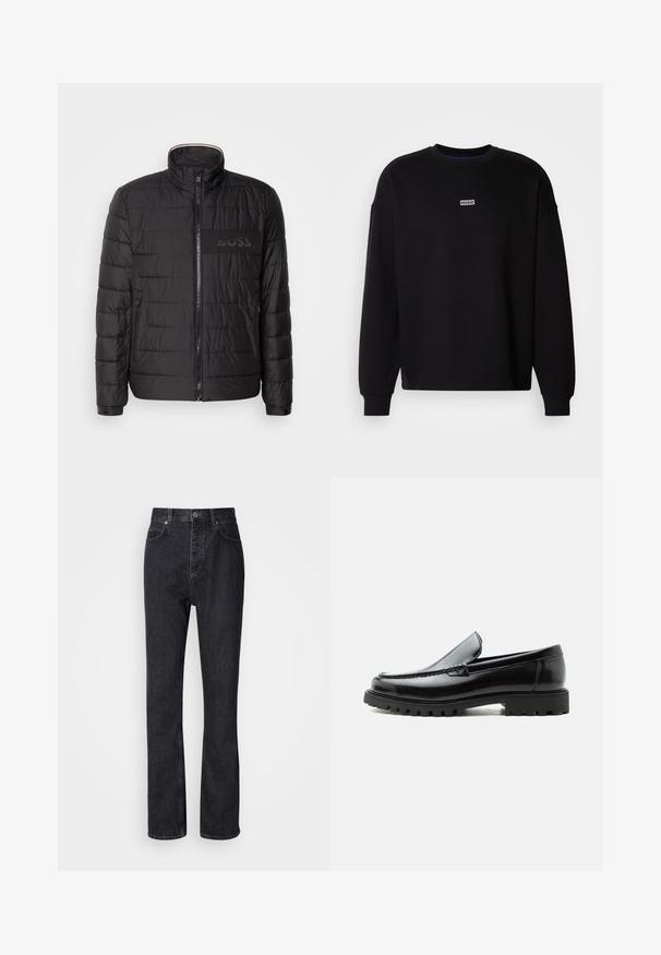 Sort quiltet jakke med høj krave, frontlynlås, lynlåslommer i siden, manchetter med knapper og "BOSS" logo på brystet.; Sort sweatshirt lavet af bomuld. Har rund hals og lange ærmer. Inkluderer et lille hvidt logo-patch med "HUGO" på brystet.; Høj talje sorte denim jeans med knap- og lynlåsåbning, for- og baglommer samt lige ben.; Sort læderloafer med chunky gummisål, syet overdel og præget mærkenavn på hælen, vist i sideprofil på hvid baggrund.