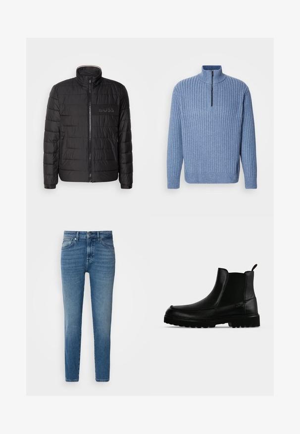 Sort quiltet jakke med høj krave, frontlynlås, lynlåslommer i siden, manchetter med knapper og "BOSS" logo på brystet.; Lyst blå ribbestrikket sweater med opretstående krave og en delvis lynlås ved halsen; har lange ærmer og en lige kant.; Lysblå denimjeans med lige pasform, traditionelt fem-lomme-design, metalknaplukning og diskret slid på fronten.; Sort læderankelstøvle med tekstureret sål, elastiske sidepaneler og træksnor på en lysegrå baggrund.