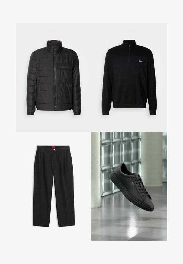 Sort quiltet jakke med høj krave, frontlynlås, lynlåslommer i siden, manchetter med knapper og "BOSS" logo på brystet.; Sort pullover sweater med halv-zip krave, der har ribbet tekstur på skuldrene og et lille hvidt "BOSS" logo på brystet.; Sorte bukser med høj talje med forreste læg, bæltestropper, knap og lynlås lukning samt en rød label indeni linningen.; Sort lavtopet lædersneaker med sorte snørebånd og gyldent BOSS-logo på siden, svævende over en blank grå gulv i et moderne indendørs rum.