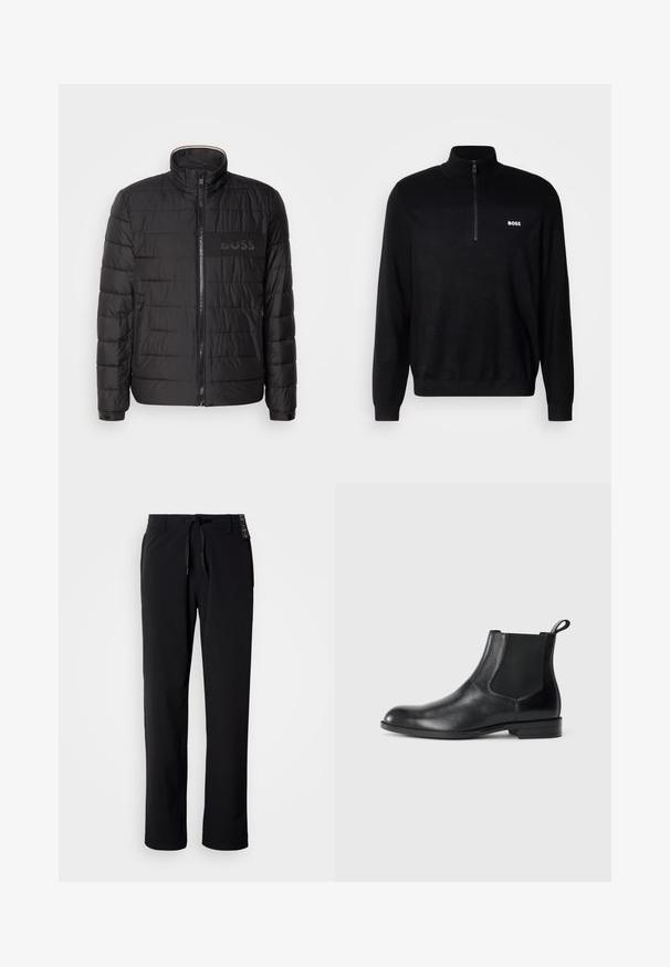 Schwarze gesteppte Jacke mit hohem Kragen, Frontreißverschluss, seitlichen Reißverschlusstaschen, knopfbaren Manschetten und „BOSS“-Logo auf der Brust.; Schwarzer Pullover mit Halbzip-Kragen, der eine gerippten Struktur an den Schultern und ein kleines weißes "BOSS"-Logo auf der Brust aufweist.; Schwarze, leichte Hose mit geradem Bein. Verfügt über einen Tunnelzugbund und eine glatte Textur. Geeignet für legere Kleidung.; Schwarze Leder-Stiefelette mit elastischen Seiteneinsätzen, abgerundeter Zehenpartie und einem Zugschlauf. Glatte Textur, flache Sohle, minimalistisches Design.
