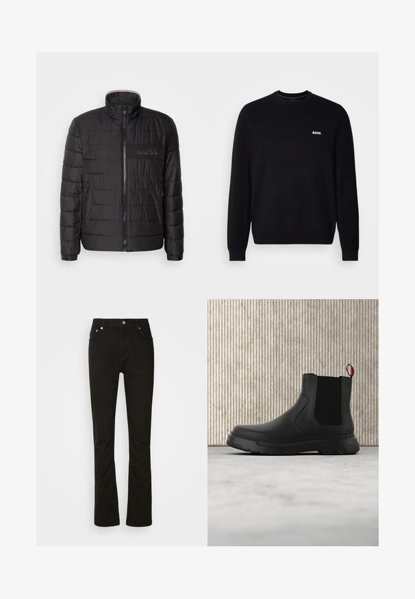 Sort quiltet jakke med høj krave, frontlynlås, lynlåslommer i siden, manchetter med knapper og "BOSS" logo på brystet.; Sort langærmet crewneck trøje med lille hvid "BOSS" logo på venstre bryst, ribbede manchetter og bund, præsenteret mod en hvid baggrund.; Sorte denimjeans med lige ben-design, der har frontlommer, lynlåsgylpter og sølvfarvede hardware-detaljer. Glat tekstur, ingen mønstre.; Sort ankelstøvle med en glat overflade, elastiske sidepaneler og en kontrasterende rød træksløjfe, der har en tyk gummisål og rund tå.