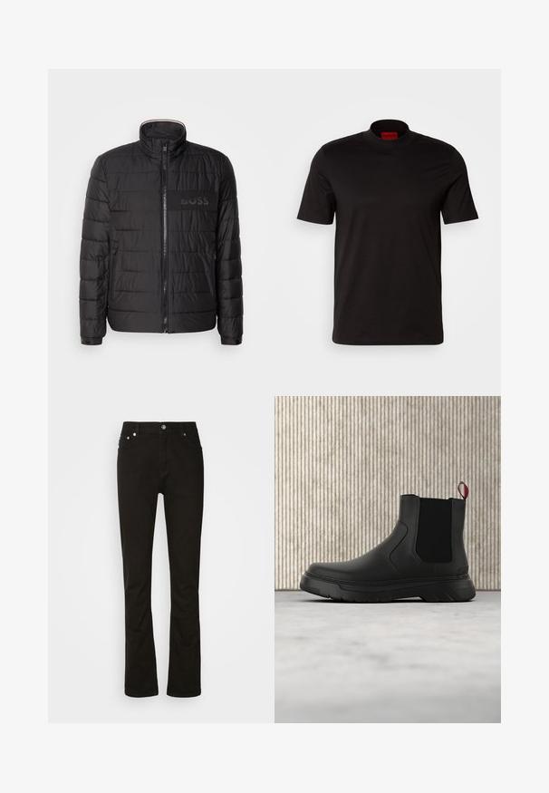 Sort quiltet jakke med høj krave, frontlynlås, lynlåslommer i siden, manchetter med knapper og "BOSS" logo på brystet.; Sort kortærmet t-shirt med høj hals design. Fremstillet af glat stof. Har et rødt mærke på indersiden af kraven.; Sorte denimjeans med lige ben-design, der har frontlommer, lynlåsgylpter og sølvfarvede hardware-detaljer. Glat tekstur, ingen mønstre.; Sort ankelstøvle med en glat overflade, elastiske sidepaneler og en kontrasterende rød træksløjfe, der har en tyk gummisål og rund tå.