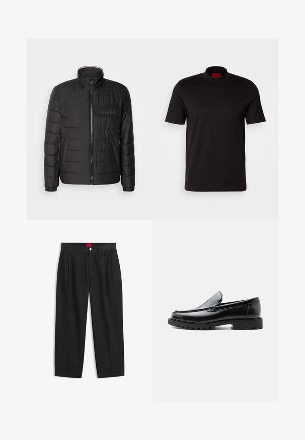 Chaqueta negra acolchada con cuello alto, cremallera frontal, bolsillos laterales con cremallera, puños con botones y logo "BOSS" en el pecho.; Camiseta negra de manga corta con un diseño de cuello alto. Fabricada con un tejido suave. Presenta una etiqueta de marca roja en el interior del cuello.; Pantalones negros de talle alto con pliegues delanteros, trabillas para cinturón, cierre con botón y cremallera, y una etiqueta roja en el interior de la cintura.; Mocasín de cuero negro con suela de goma gruesa, empeine cosido y nombre de la marca en relieve en el talón, mostrado en perfil lateral sobre fondo blanco.