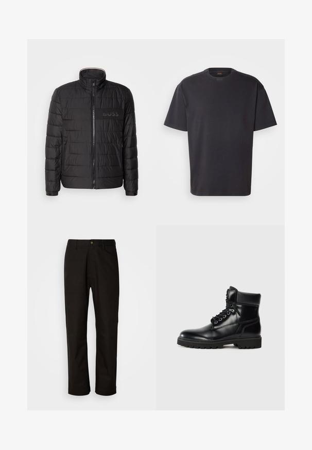 Schwarze gesteppte Jacke mit hohem Kragen, Frontreißverschluss, seitlichen Reißverschlusstaschen, knopfbaren Manschetten und „BOSS“-Logo auf der Brust.; Schwarzes T-Shirt mit kurzen Ärmeln aus Baumwolle, mit rundem Halsausschnitt und dezentem Branding am Kragen. Weiche Textur mit lässiger Passform.; Schwarze Baumwollhosen mit geradem Schnitt, Gürtelschlaufen, einem Reißverschluss vorne und einem einzelnen Knopfverschluss. Glatte Textur ohne sichtbare Muster.; Schwarze Lederstiefelette mit glänzender Oberfläche, Schnürdesign, gepolstertem Kragen und einer robusten Gummisohle mit Traktionsnoppen.