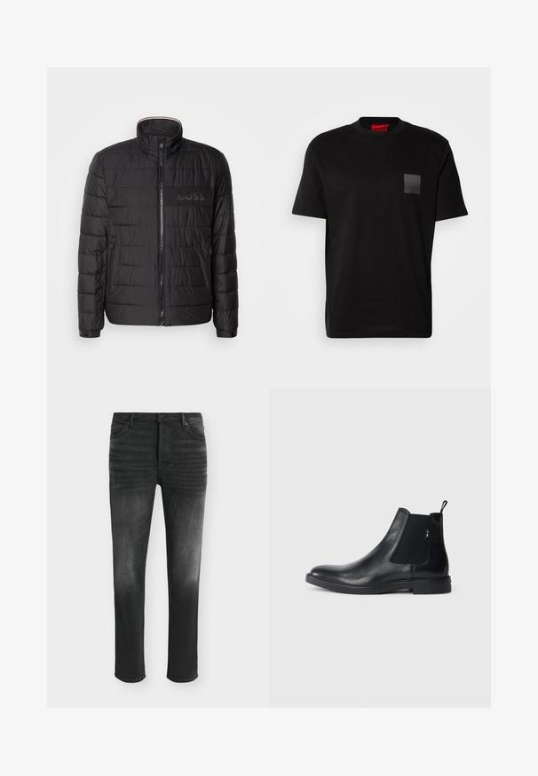 Chaqueta negra acolchada con cuello alto, cremallera frontal, bolsillos laterales con cremallera, puños con botones y logo "BOSS" en el pecho.; Camiseta de algodón negra con cuello redondo, con un parche texturizado negro con el logo en el lado izquierdo del pecho. Mangas cortas y corte relajado.; Vaqueros negros de corte ajustado con detalles desgastados, estilo de cinco bolsillos y cierre con botón en la cintura.; Botines Chelsea de cuero negro con paneles elásticos laterales, una pestaña para tirar y una suela de goma plana. Textura suave con un detalle mínimo.