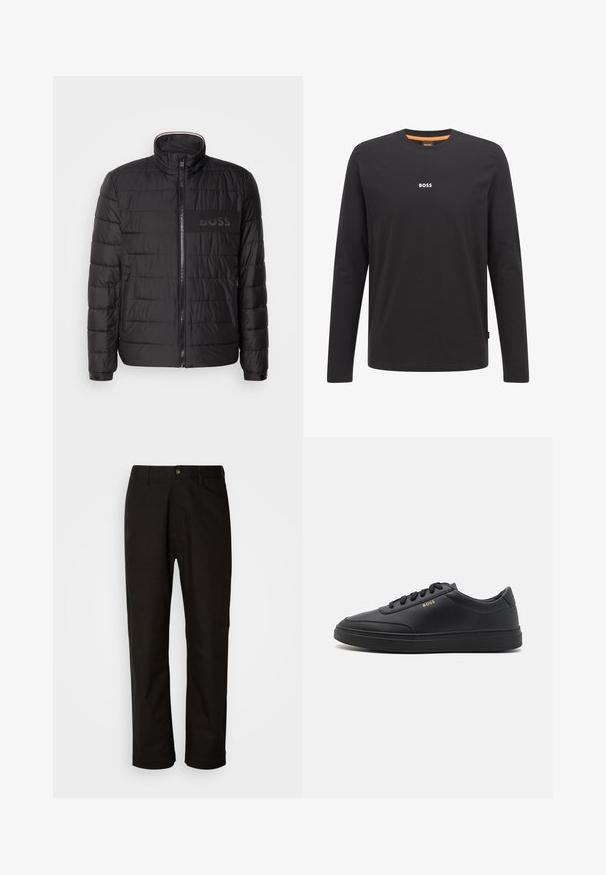 Schwarze gesteppte Jacke mit hohem Kragen, Frontreißverschluss, seitlichen Reißverschlusstaschen, knopfbaren Manschetten und „BOSS“-Logo auf der Brust.; Schwarzes langärmliges T-Shirt aus Baumwolle. Mit einem Rundhalsausschnitt und einem kleinen weißen "BOSS"-Logo auf der Brust. Glatte Textur.; Schwarze Baumwollhosen mit geradem Schnitt, Gürtelschlaufen, einem Reißverschluss vorne und einem einzelnen Knopfverschluss. Glatte Textur ohne sichtbare Muster.; Schwarze Leder-Sneaker mit glatter Textur, runder Zehenpartie, flacher Gummisohle und einfarbigen Schnürsenkeln. Mit goldfarbenem "BOSS" Logo an der Seite.